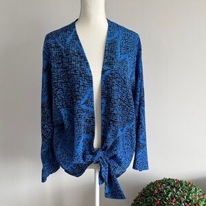 Vintage Willi of California Blue and Black Patterned Tie-Front Blouse Sz 16